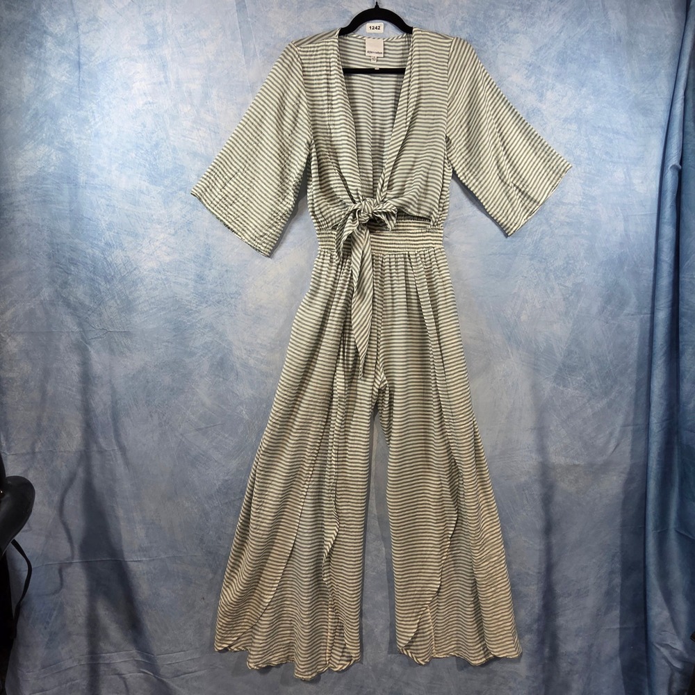 Skylar + Madison Striped Tie Front Wide Leg‎ Jumpsuit Sage Green White Small